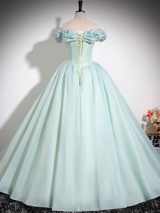 Mint Green A-line Off-shoulder Organza Beaded Long Prom Dress, Sweet 16 Dress ED01475