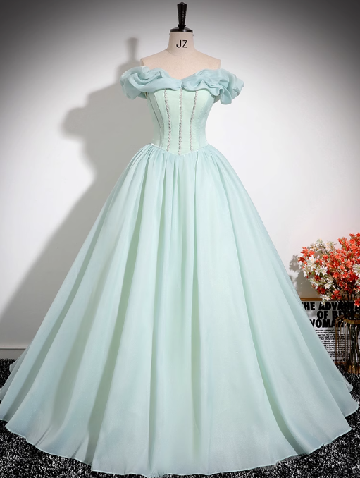 Mint Green A-line Off-shoulder Organza Beaded Long Prom Dress, Sweet 16 Dress ED01475
