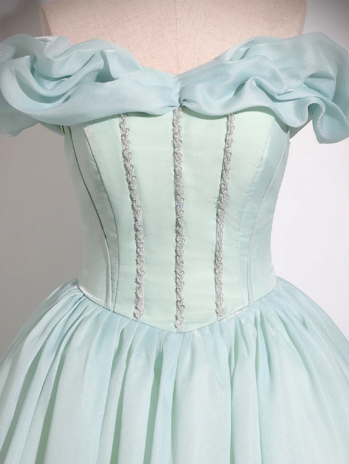 Mint Green A-line Off-shoulder Organza Beaded Long Prom Dress, Sweet 16 Dress ED01475