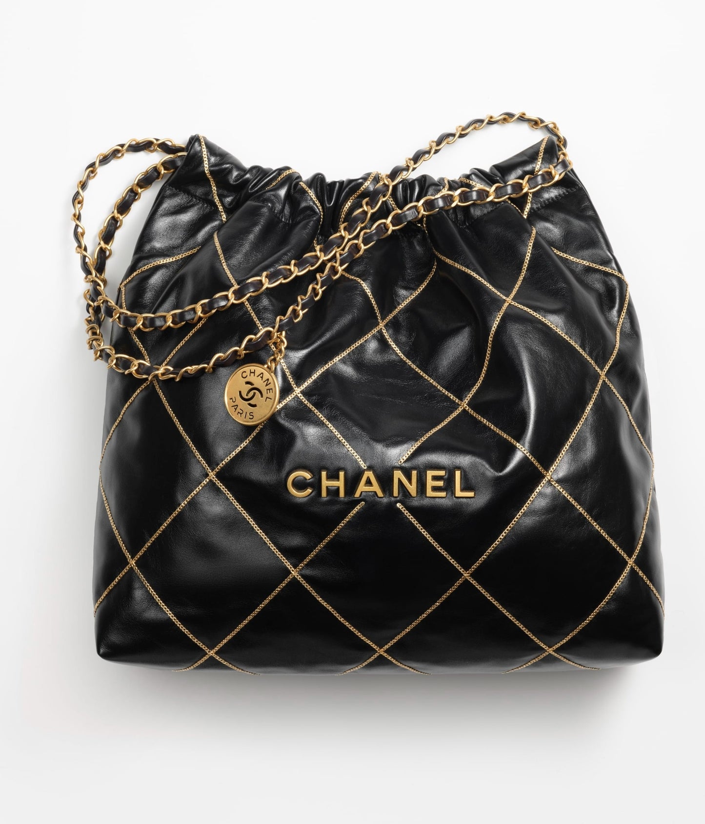 Chanel 22 Handbag 23B Shiny Calfskin Black Chain Quilt 35 x 37 x 7 cm