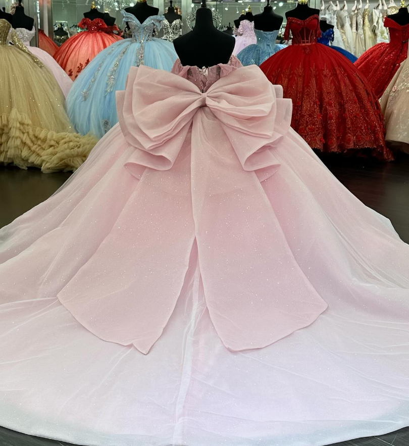 Pink Off the Shoulder Beaded Pearl Tulle Long Prom Dress Quinceanera Dress Ball Gown SH2242