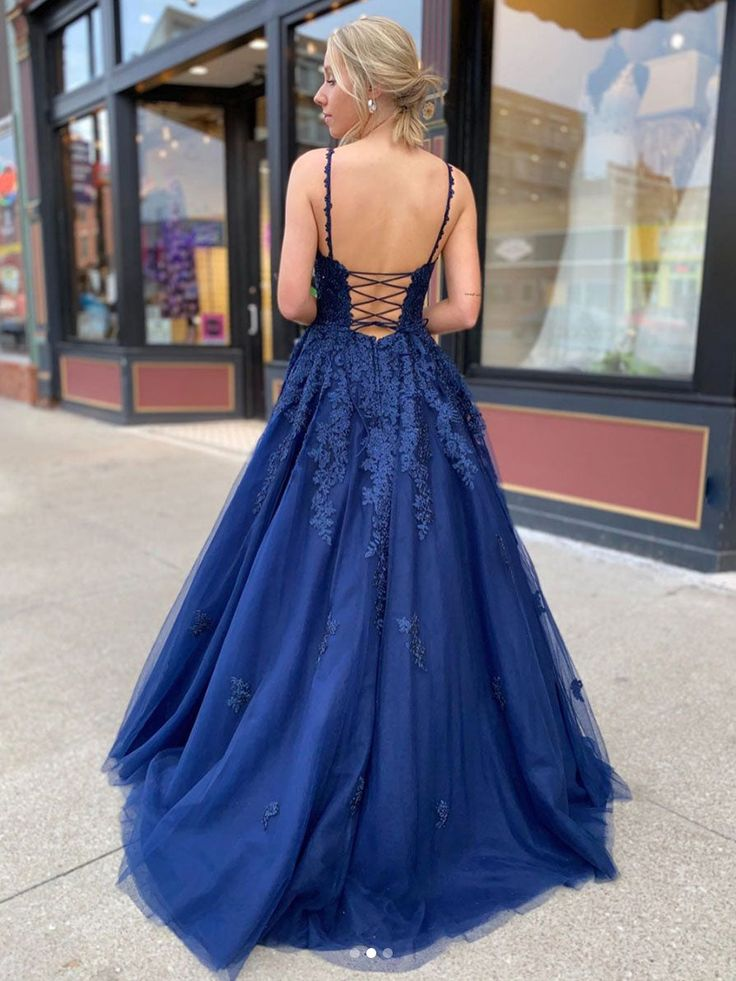 Dark Blue V Neck Tulle Applique Long Prom Dresses SH566