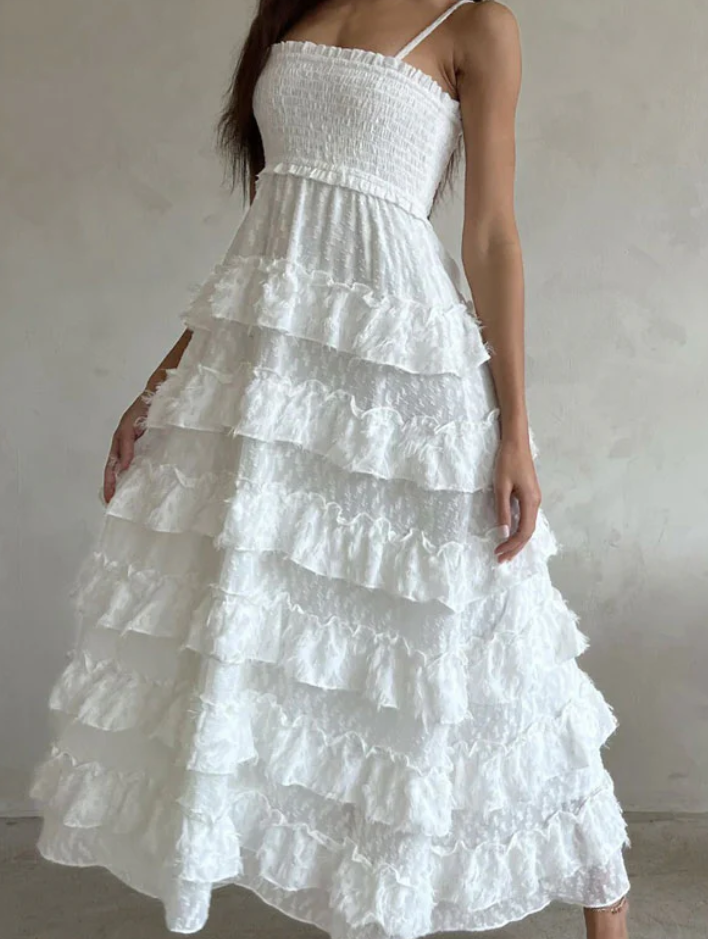 Classy A line Spaghetti Straps White Lace Long Evening Dress Prom Dresses SD2069