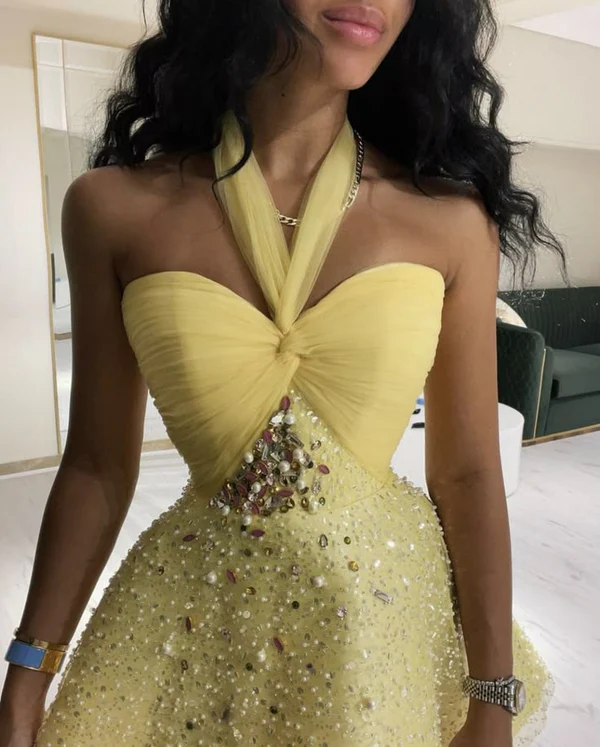 Gorgeous Yellow Halter Neck A-Line Satin Tulle Beaded Homecoming Dress Short Cocktail Dress S374