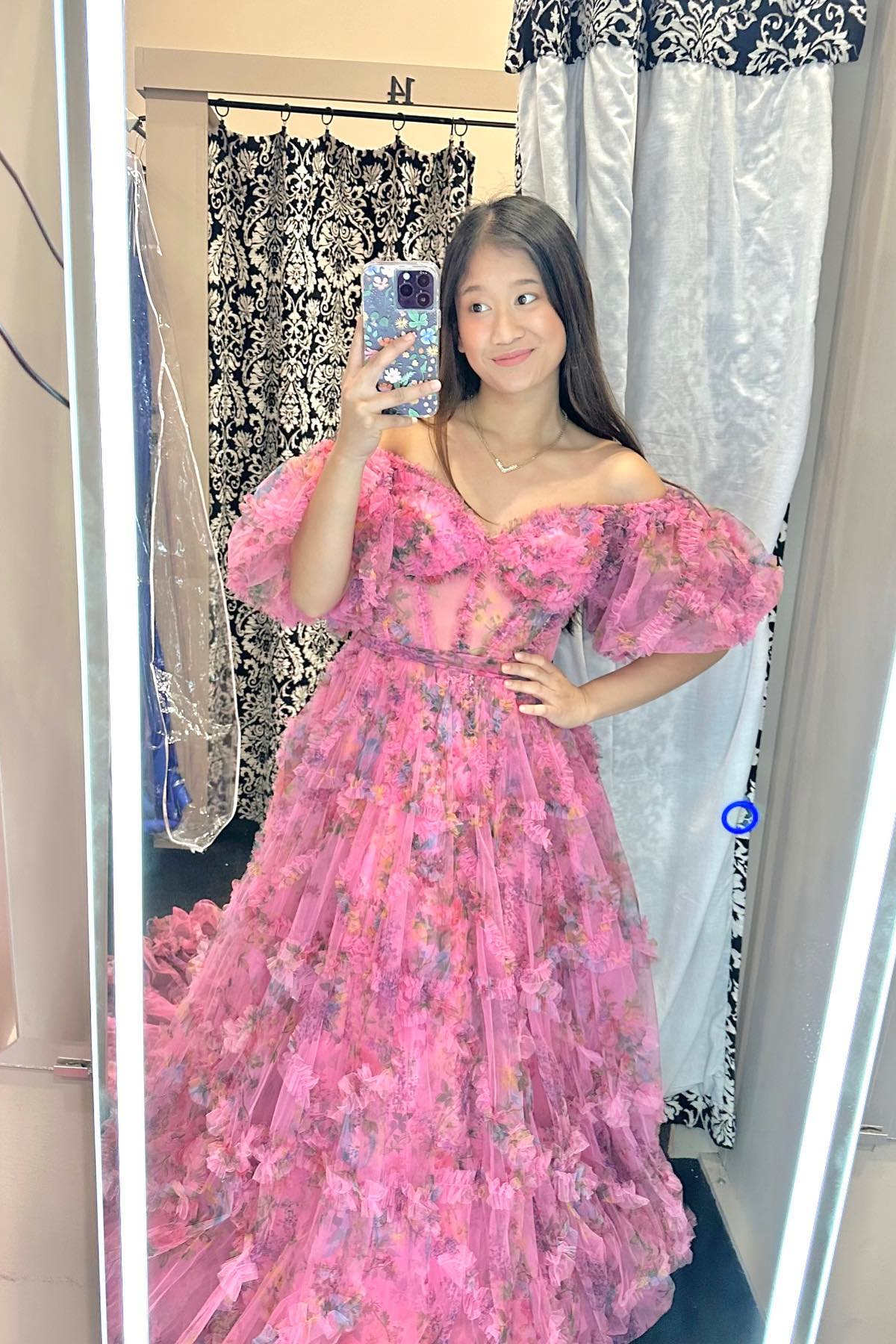 Floral Print Pink Off The Shoulder A-Line Long Evening Prom Dress