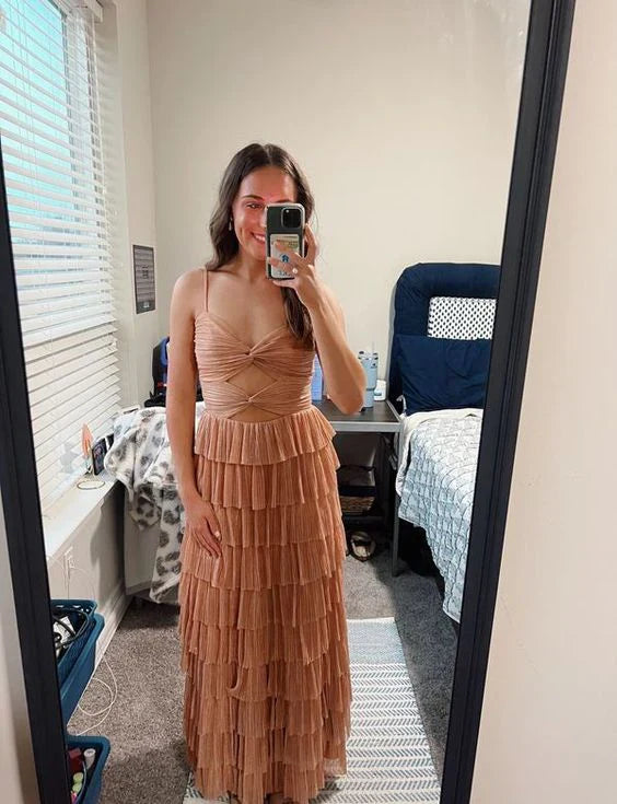 Nude elegant spaghetti strap long tulle tiered ball gown formal evening dress party dress gh2881