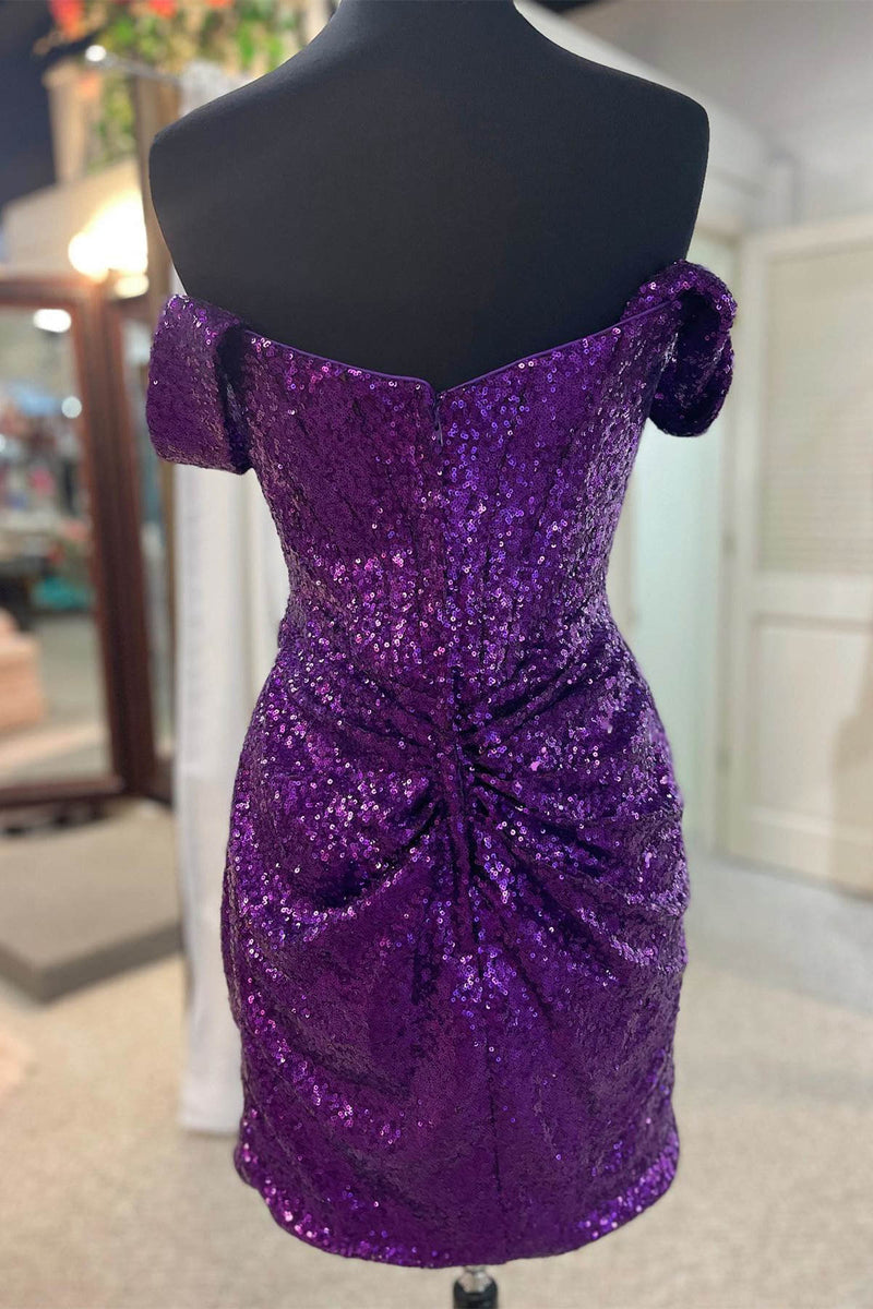 Off The Shoulder Purple Sequins Homecoming Dresses