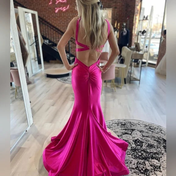 Fuchsia Mermaid Satin Long Prom Dresses