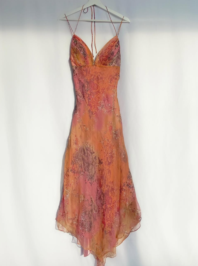 Retro Orange Print Floral A Line Spaghetti Strap Chiffon Homecoming Dress Outfits SH3609