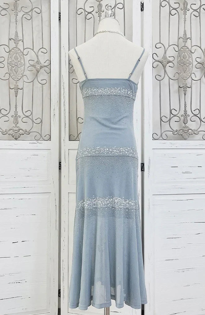 Charming Mermaid Spaghetti Strap Rhinestone Baby Blue Chiffon Prom Dress Evening Dress SH2142