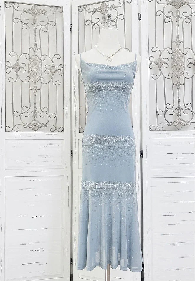 Charming Mermaid Spaghetti Strap Rhinestone Baby Blue Chiffon Prom Dress Evening Dress SH2142