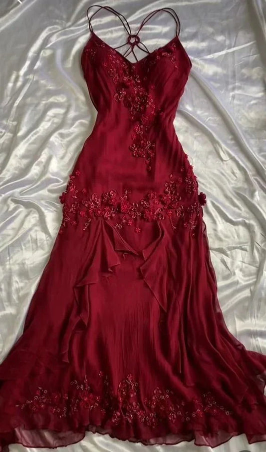 Red vintage fashion elegant exquisite beaded long chiffon floor-length prom dress evening dress party dress gh3637