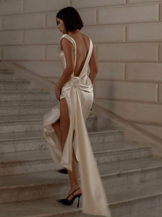 Elegant Sheath Champagne Satin Open Back Prom Dress Evening Dress with Slit SH2149