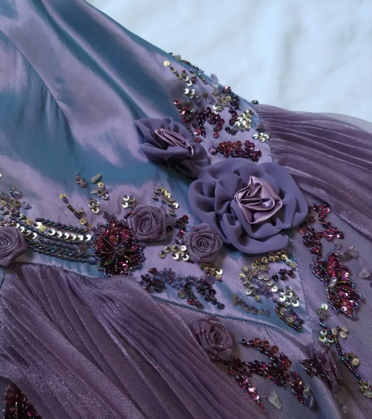 Vintage Purple A Line Strapless Flower Beaded Sequin Satin Tulle Prom Dress Gown SH2528