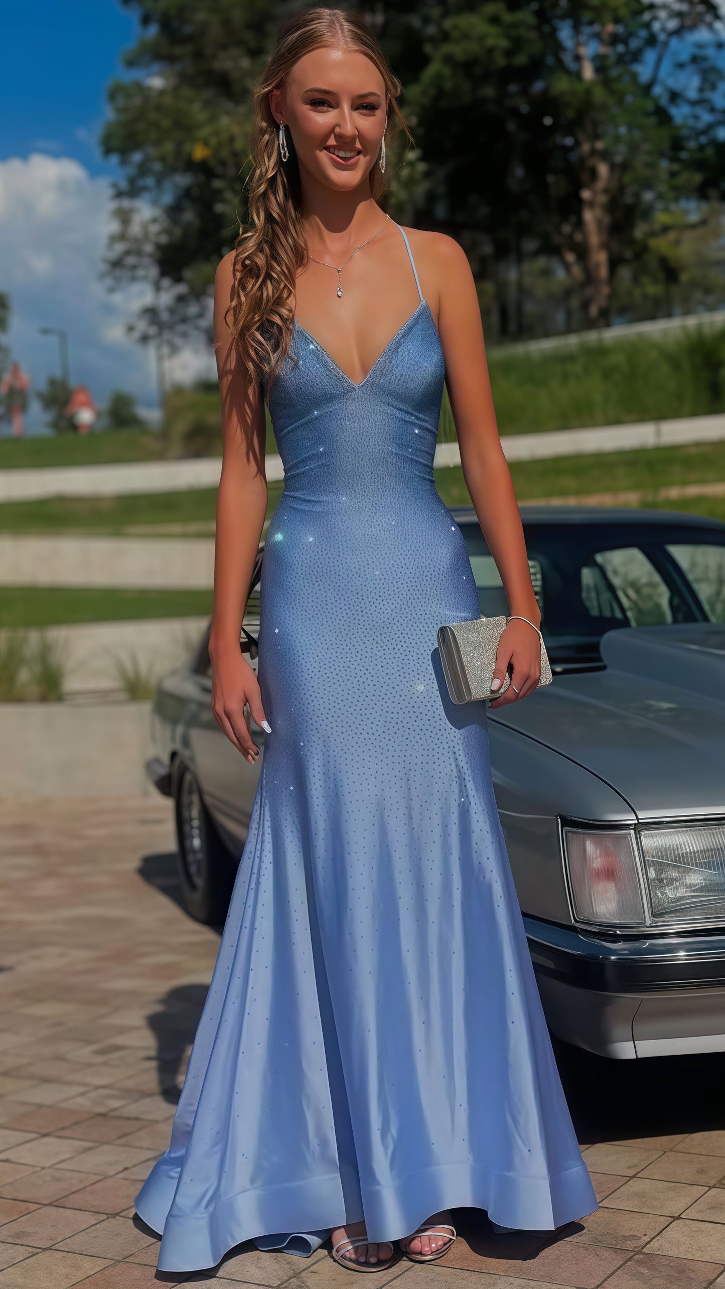 Glitter Blue V-Neck Long Prom Dress, Evening Party Gown With Cross Back