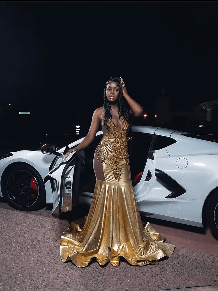 Gold Long Fitted Mermaid Prom Dresses Crystal Rhinestones