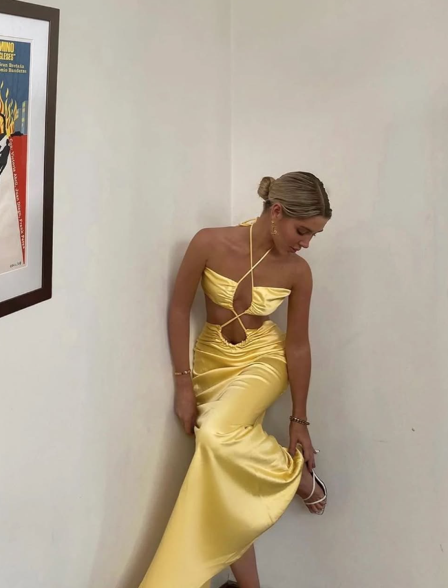 Unique Sheath Spaghetti Strap Yellow Satin Open Back Prom Dress Evening Dress SH2320