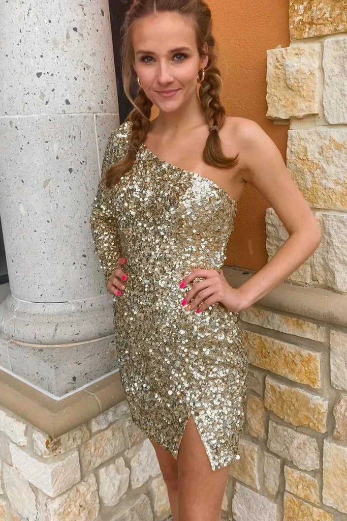 PM310,Chic One Shoulder Homecoming Dresses,Sequin Mini Homecoming Dress
