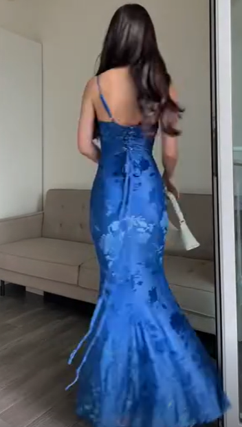 Elegant Blue Mermaid Print Long Evening Dress Formal Prom Dress SH1565
