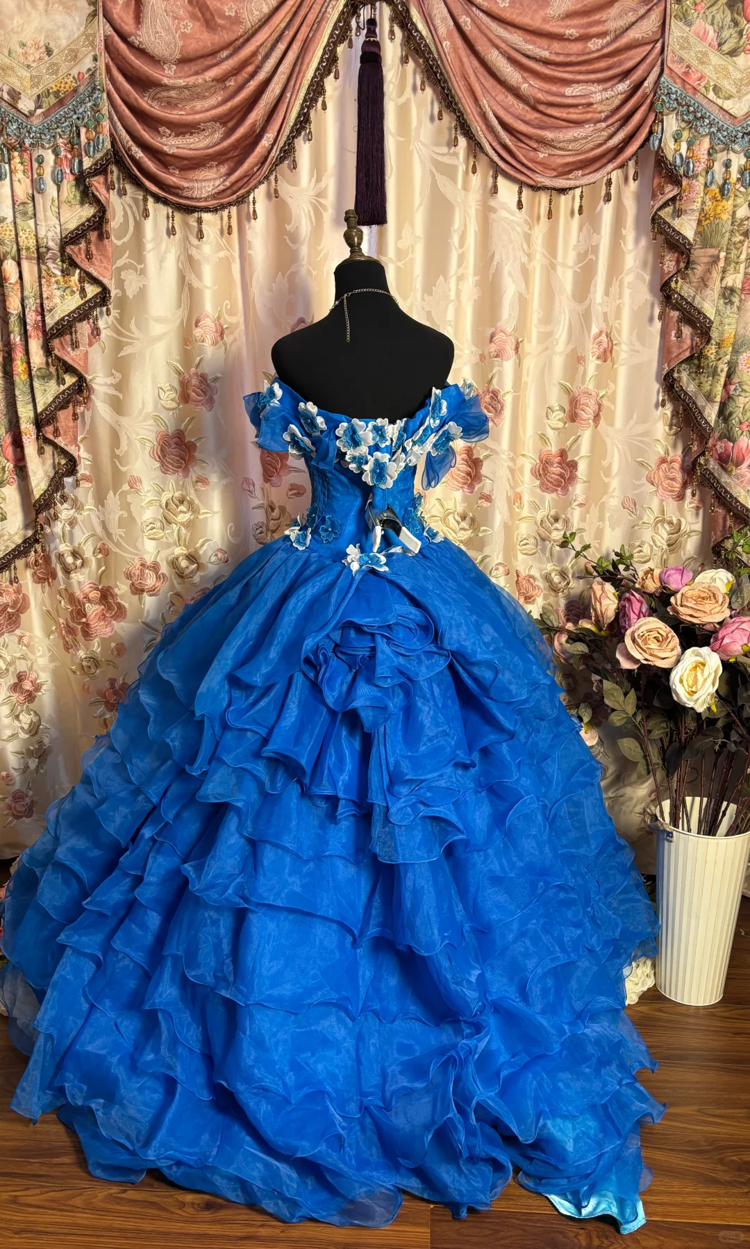 Royal Blue Ball Gown Off the Shoulder Floral Layered Organza Long Prom Dress Evening Dress SH3701