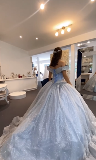 Blue Ball Gown Off the Shoulder Beaded Sequin Sweet 16 Dress Quinceanera Dress SH3293
