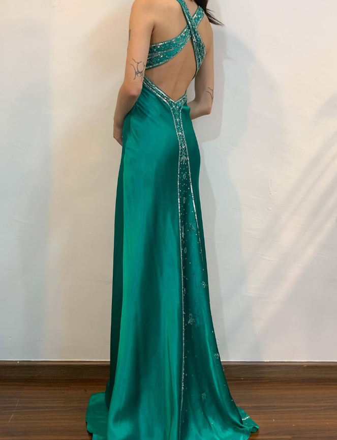 Vintage Sheath V Neck Sequin Beaded Green Satin Open Back Prom Dress Evening Dress SH2128