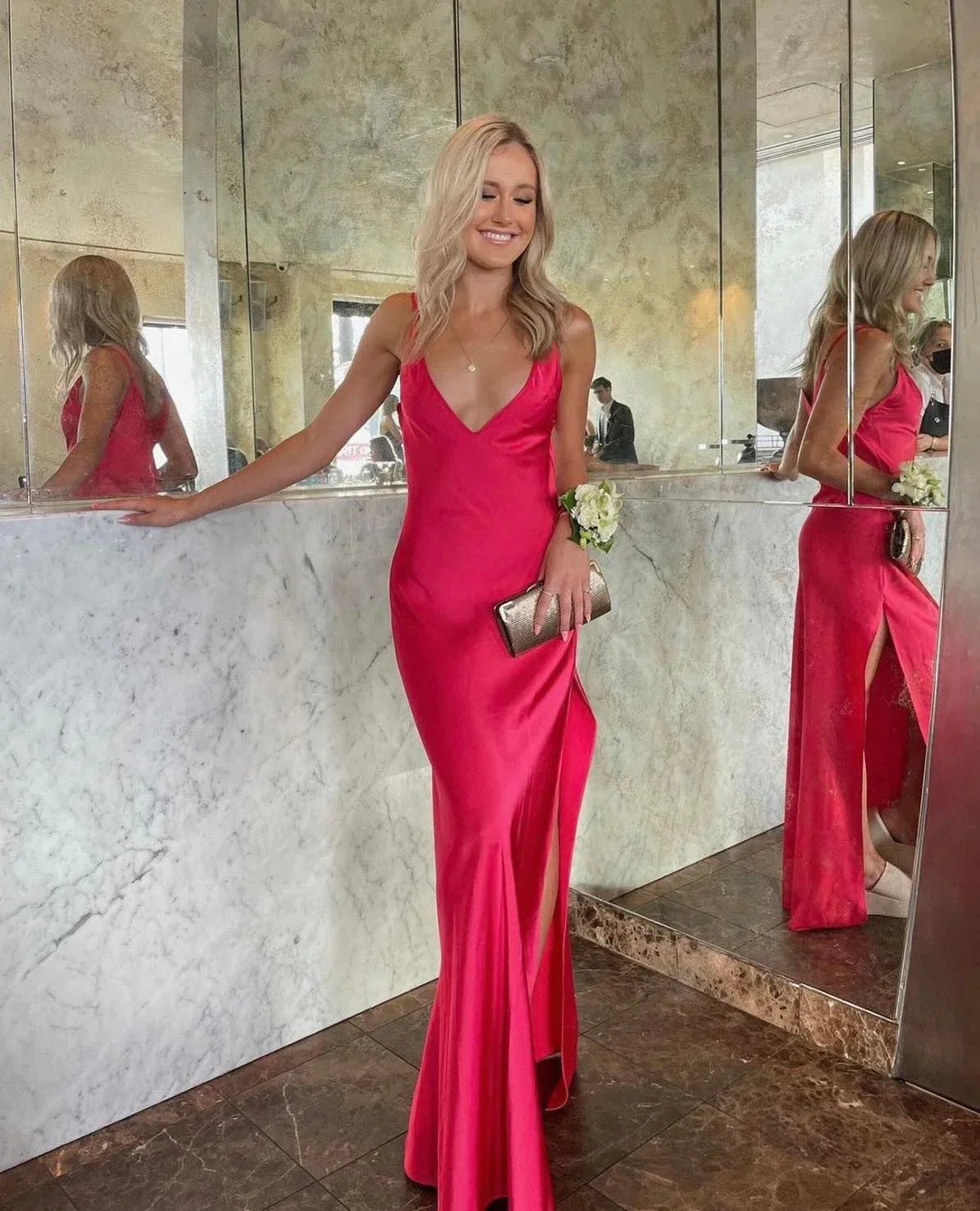 Hot pink A-line V-neck sleeveless long satin prom dress evening gown party dress gh2921