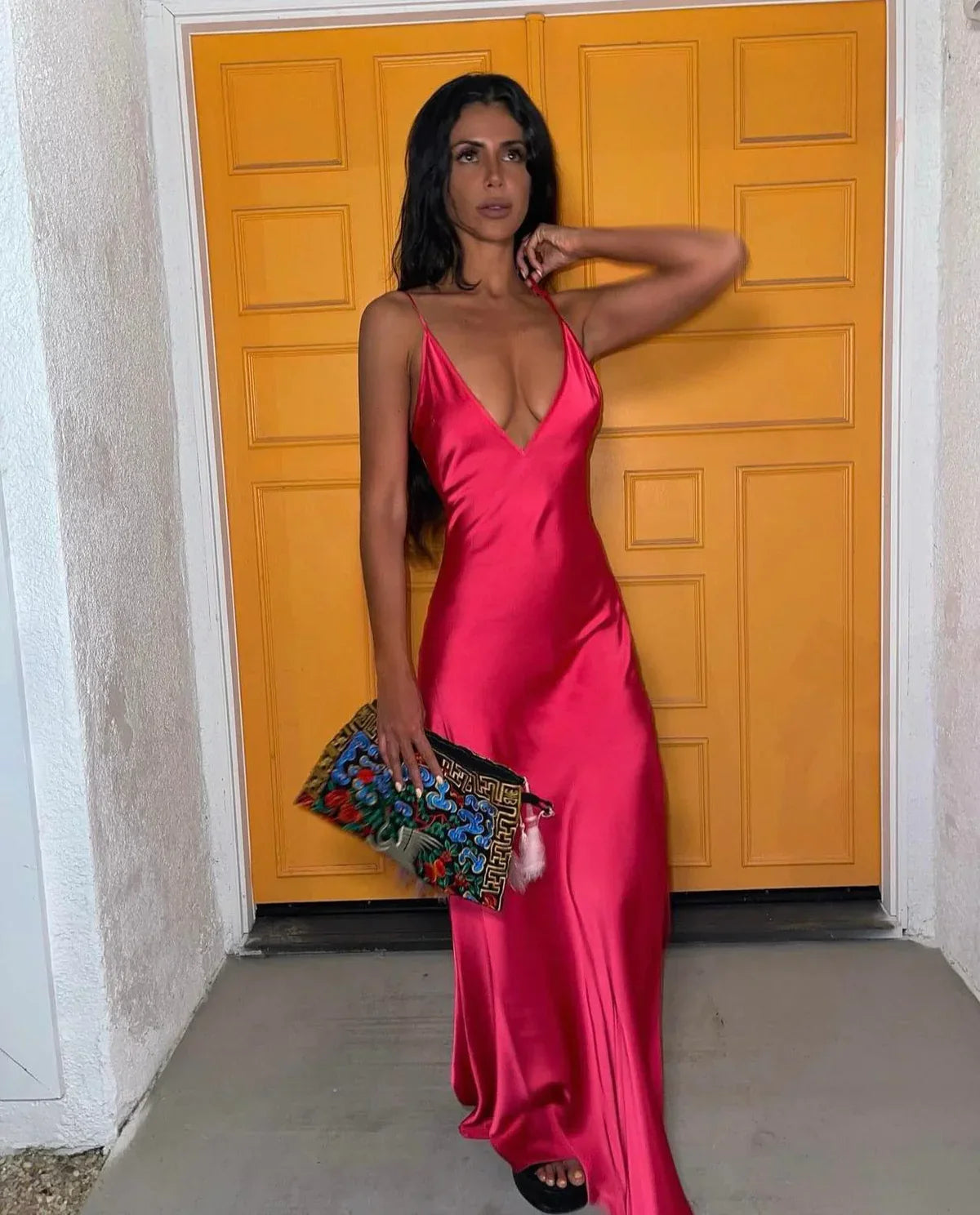 Hot pink A-line V-neck sleeveless long satin prom dress evening gown party dress gh2921