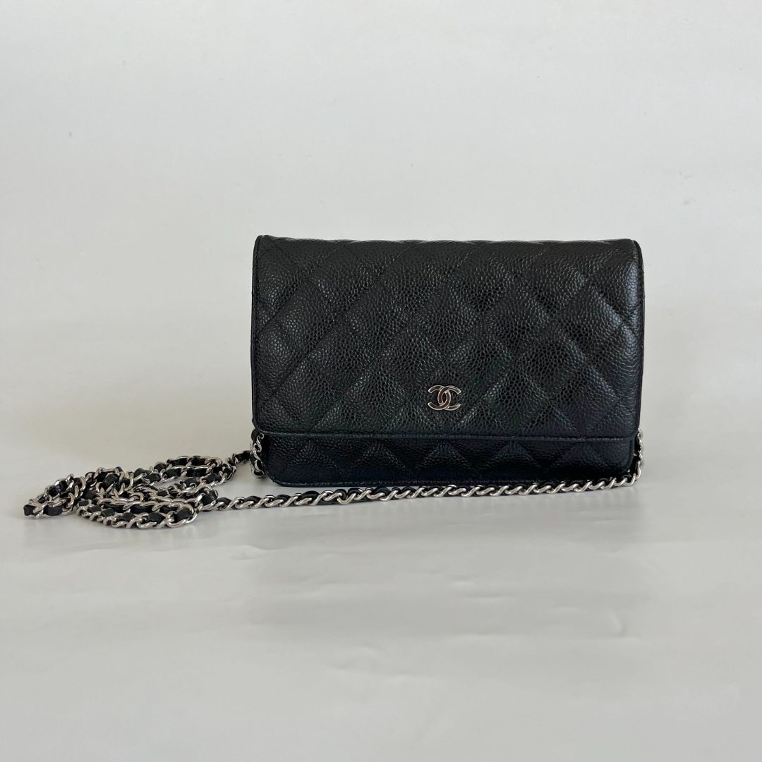 Chanel quilted black caviar wallet on chain with silver-hardware