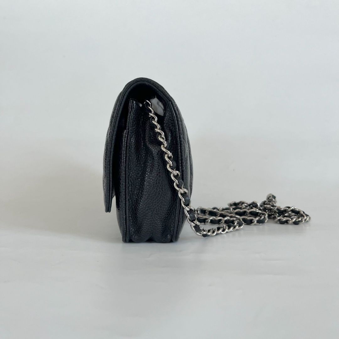 Chanel quilted black caviar wallet on chain with silver-hardware