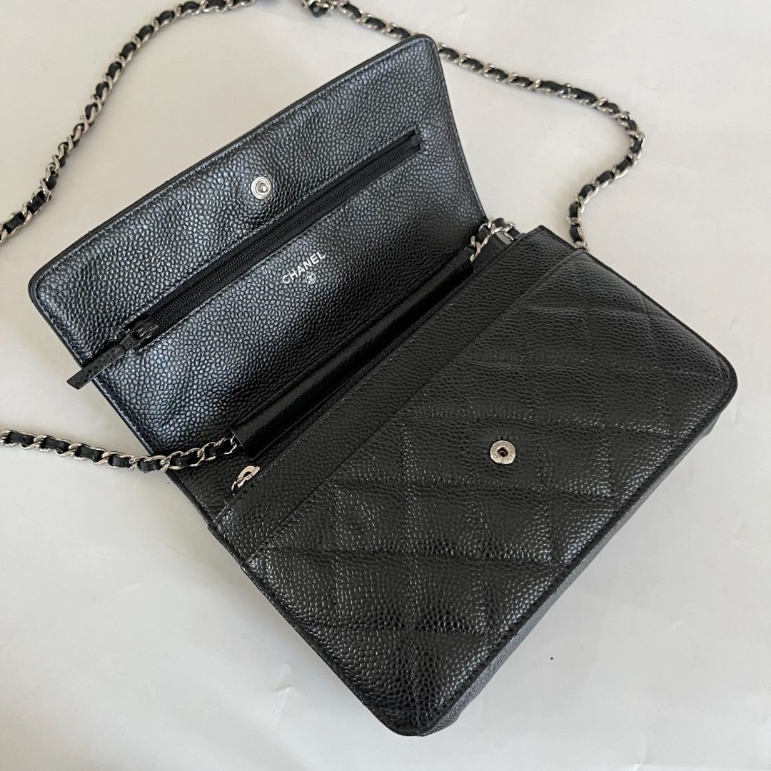 Chanel quilted black caviar wallet on chain with silver-hardware