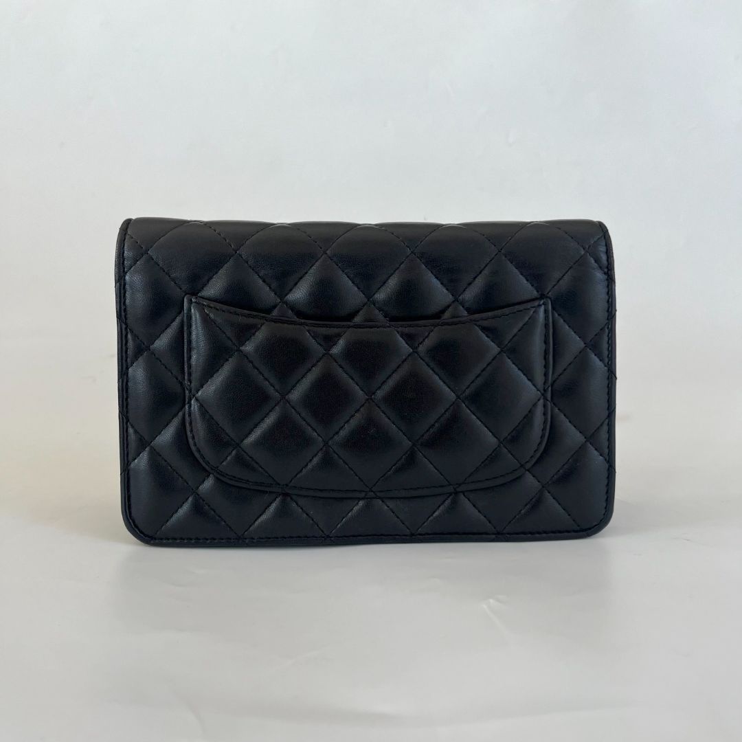 Chanel black quilted lambskin wallet on chain crossbody bag