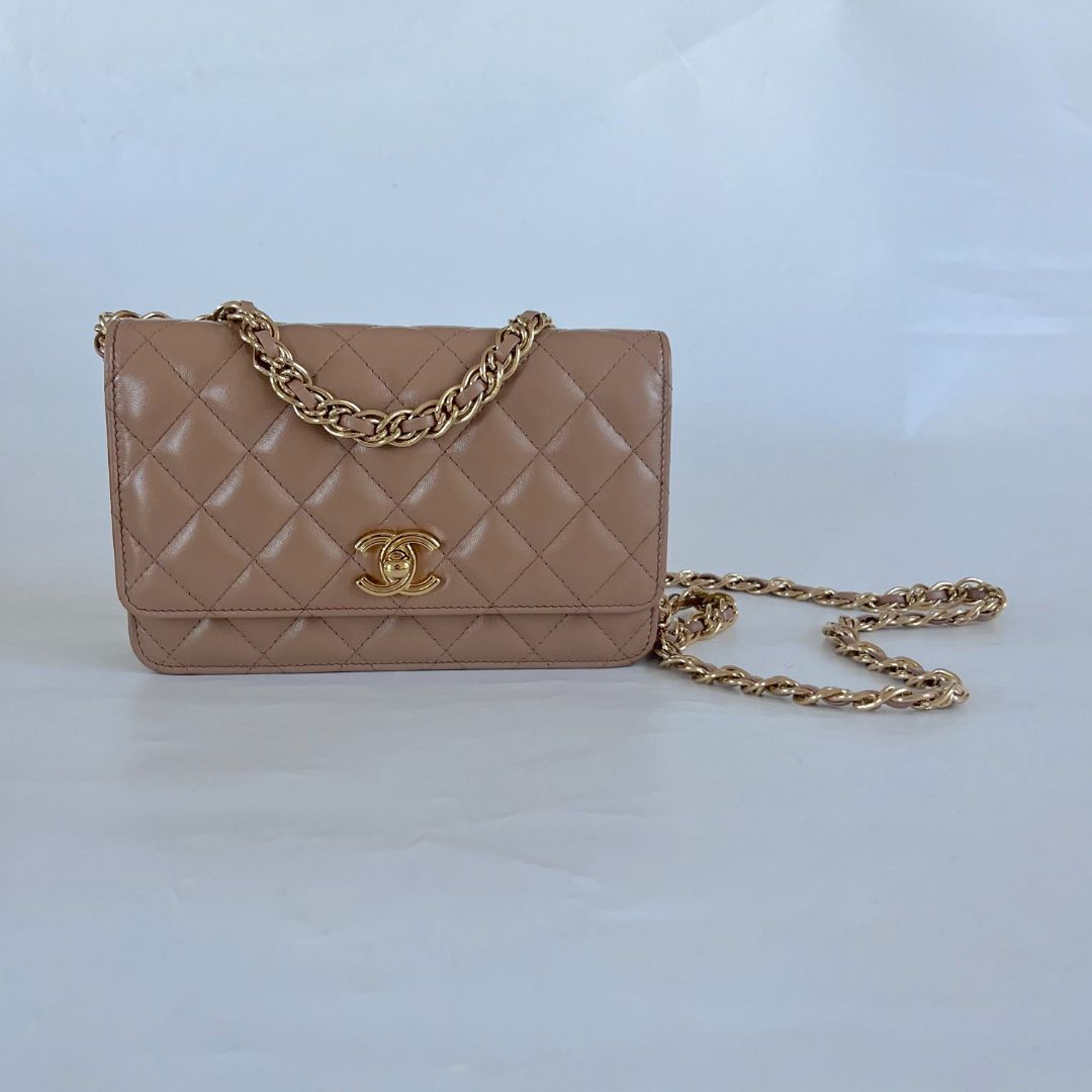 Chanel tan quilted leather wallet on chain crossbody bag