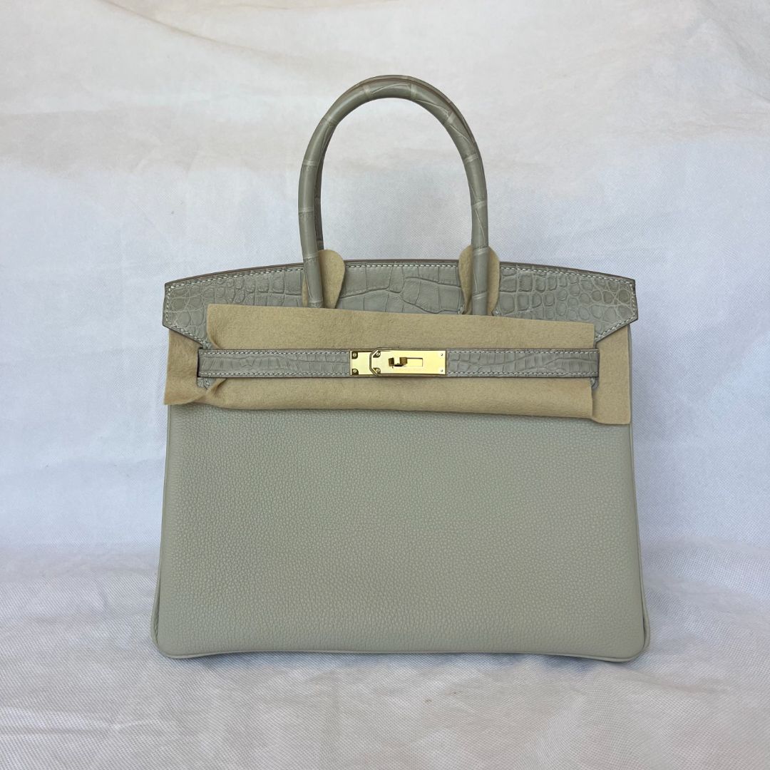 Hermes Gris Perle GHW Birkin 30 Touch Togo /Alli Missi Mat Bag, 30