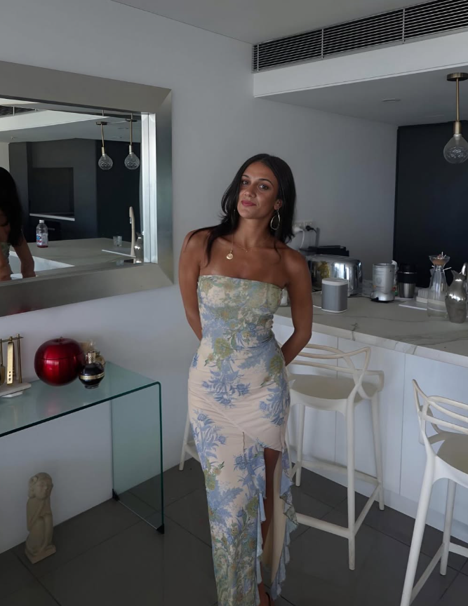 Retro Blue Print Floral Strapless Satin Long Outfit Party Dress 18 Birthday Dress SH3517