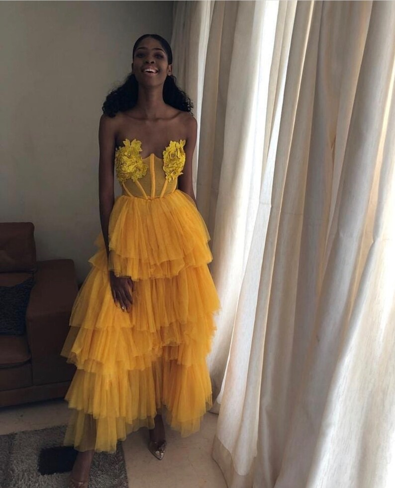 Unique Yellow Strapless Layered Tulle Long Prom Dress SH722