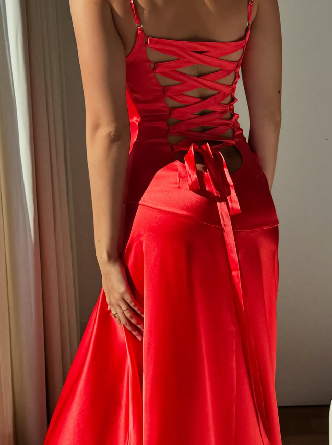 Sexy Mermaid Spaghetti Strap Red Satin Prom Dress Evening Dress with Slit SH2161