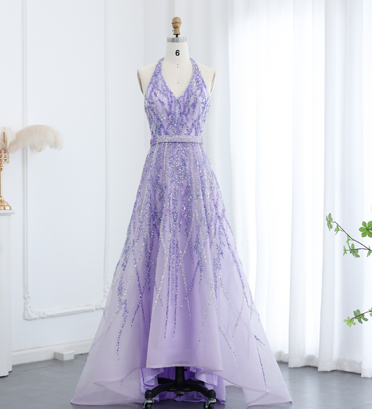 Lilac A Line V Neck Sequin Beaded Tulle Long Prom Dress Evening Dress SH2374