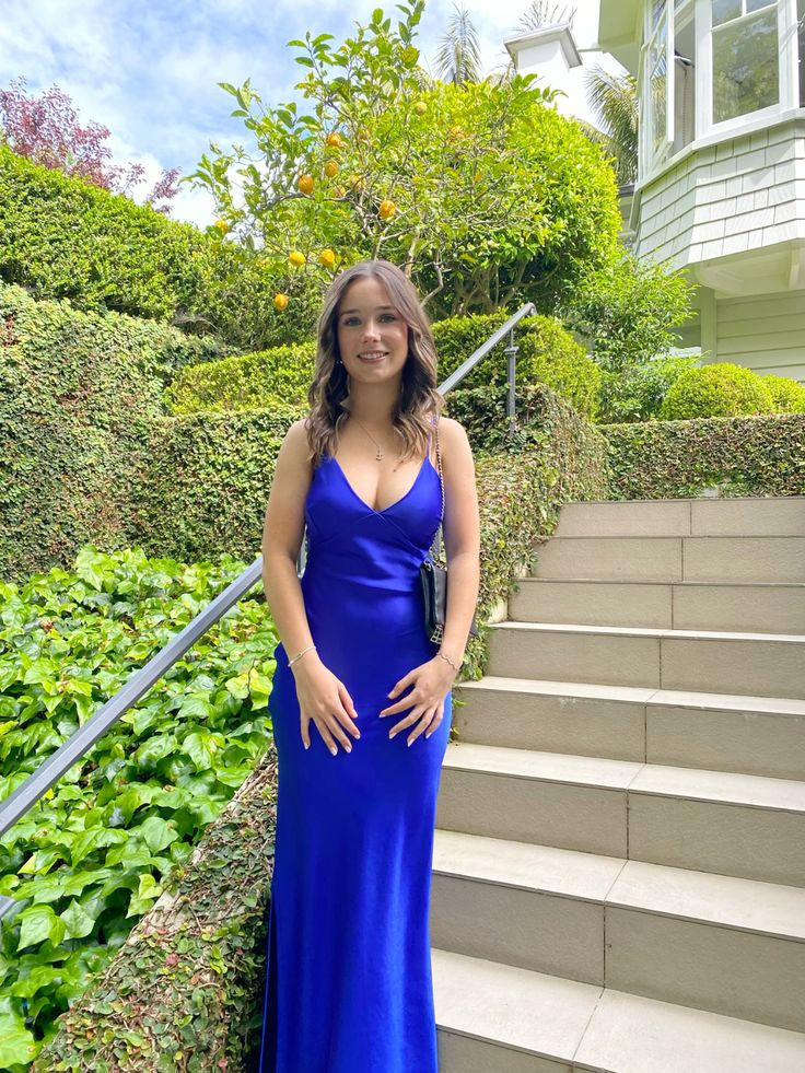 V Neck Blue Satin Long Prom Dress SH1106