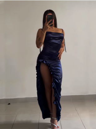 Sexy Sheath Column Spaghetti Straps Navy Blue Backless Satin Prom Dress SD1293
