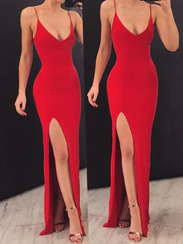 V Neck Spaghetti Straps Red Elastic Satin Slit Long Prom Dresses  SH562