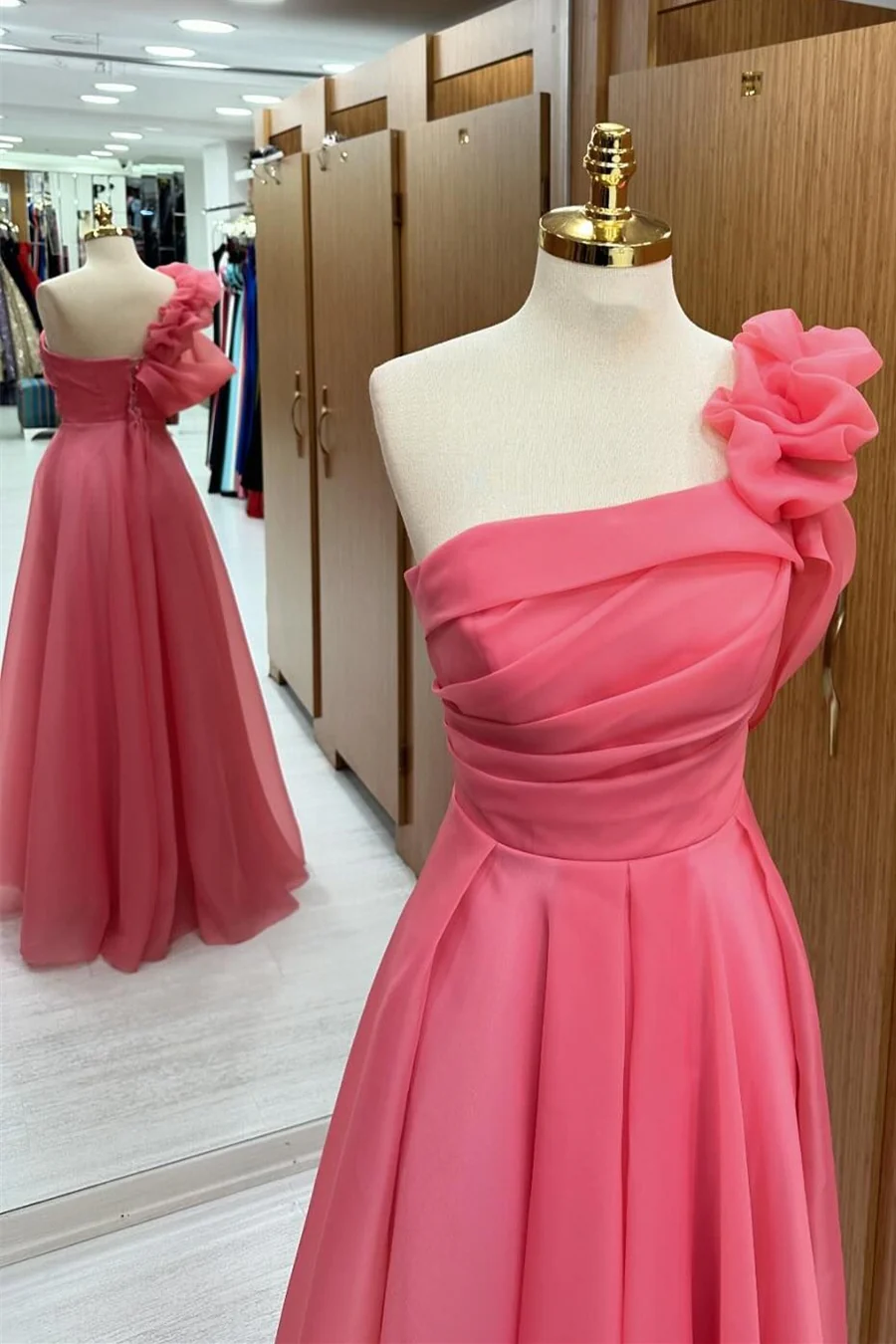 Pink One-Shoulder Chiffon Pleated Long Prom Dress Elegant Evening Dress SH1531