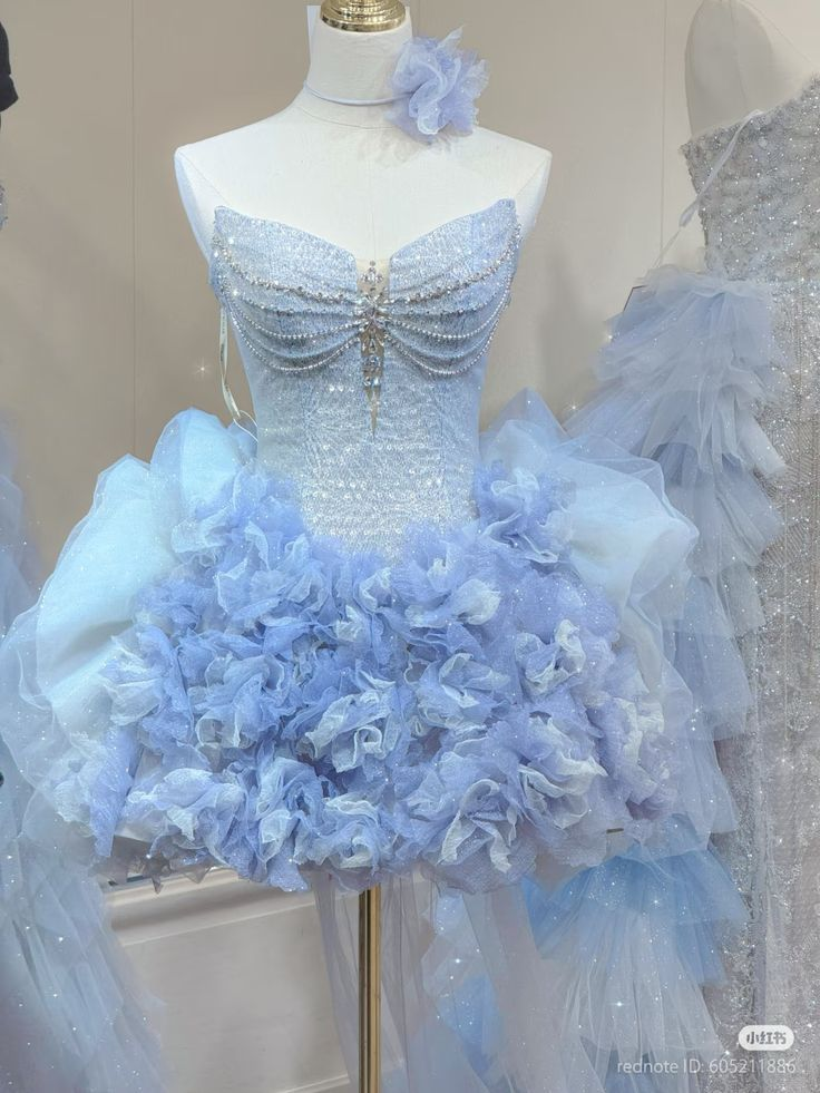 Classy Strapless Blue Tulle Pleated Beaded Birthday Outfits Homecoming Dress S261