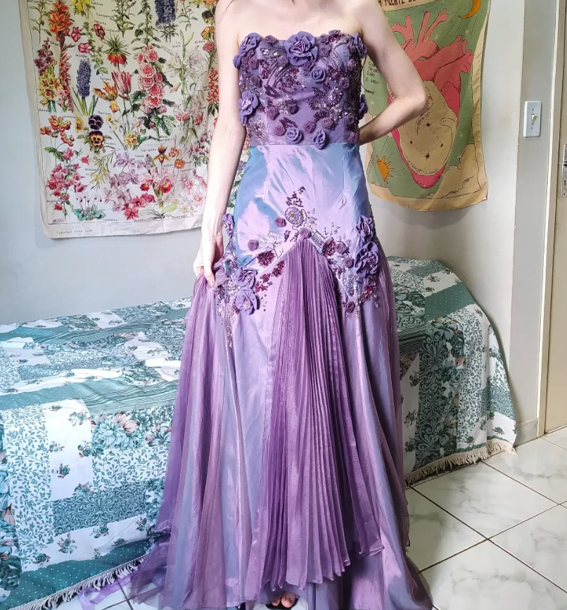 Vintage Purple A Line Strapless Flower Beaded Sequin Satin Tulle Prom Dress Gown SH2528