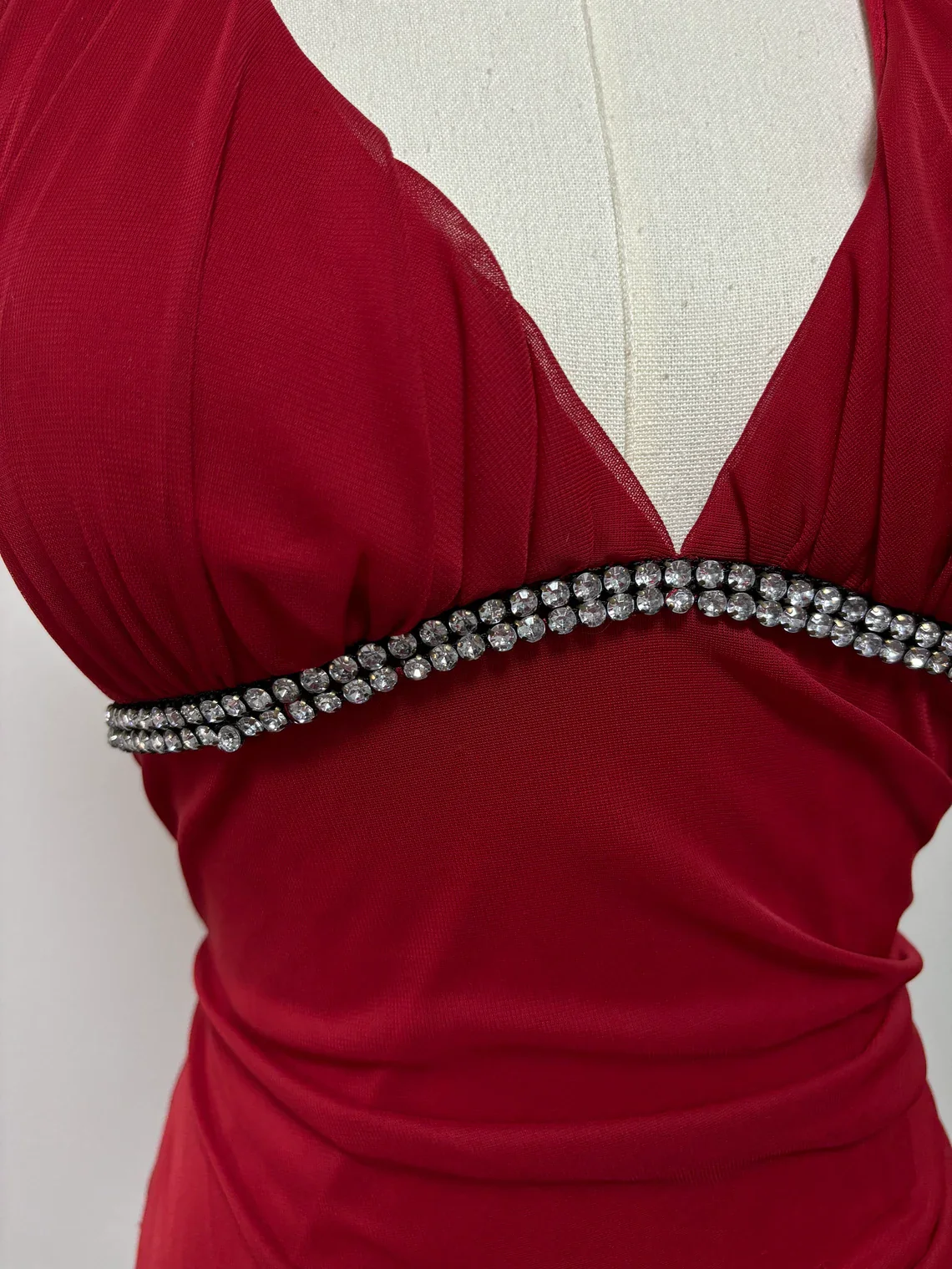 Burgundy Mermaid V Neck Rhinestone Ruffles Tulle Prom Dress Evening Dress SH2131