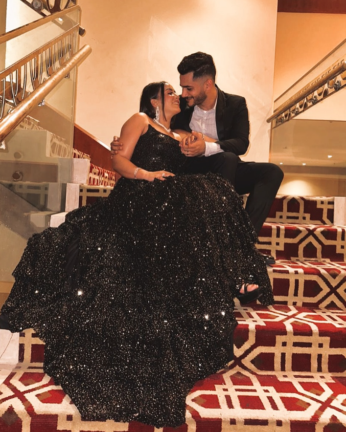 Sexy A Line Strapless Tiered Black Sequin Long Prom Dress Graduation Prom Dress with Slit SH2601