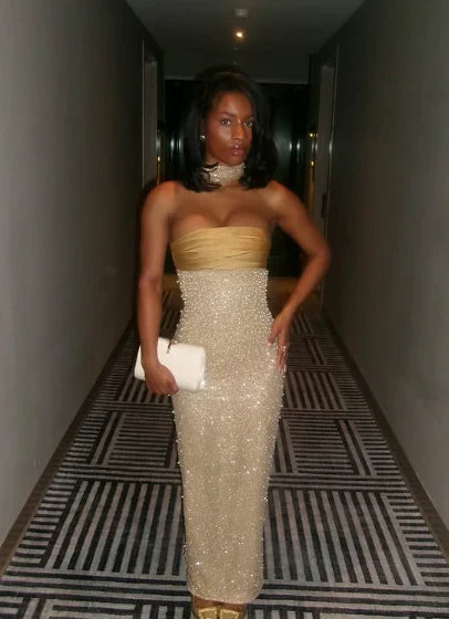 Shiny Sheath Strapless Long Yellow Sequin Satin Party Dresses Prom Dresses SH2898