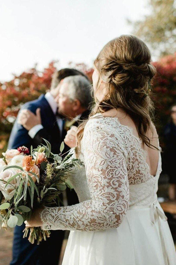 Lace Top Ivory Chiffon Plus Size Wedding Dresses with Long Sleeves WD462