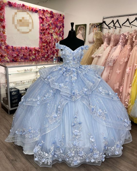 Gorgeous Light Blue Tulle Appliques Ball Gown Birthday Quinceanera Dress