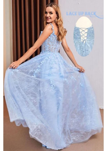 Light Blue Off The Shoulder Applique Lace Prom Dress Senior Graduation Dress